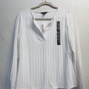 BANANA REPUBLIC V-NECK TEXTURE STRIPE LONG SLEEVE TOP - WHITE - WOMEN'S SIZE MED